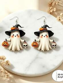 1 Pair 2D Flat Ghost Pattern Acrylic Earrings, Lightweight Cartoon Style Halloween Earrings, Perfect Fashion Halloween Gift For Girls And Women, Suitable For Any Occasion, Exquisite Gift For Halloween And Christmas - White - View 2
