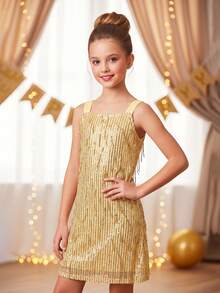 Tween Girl Spaghetti Strap Sequin Fringe Latin Dance Dress Performance Costume Party Dress - Yellow - View 1