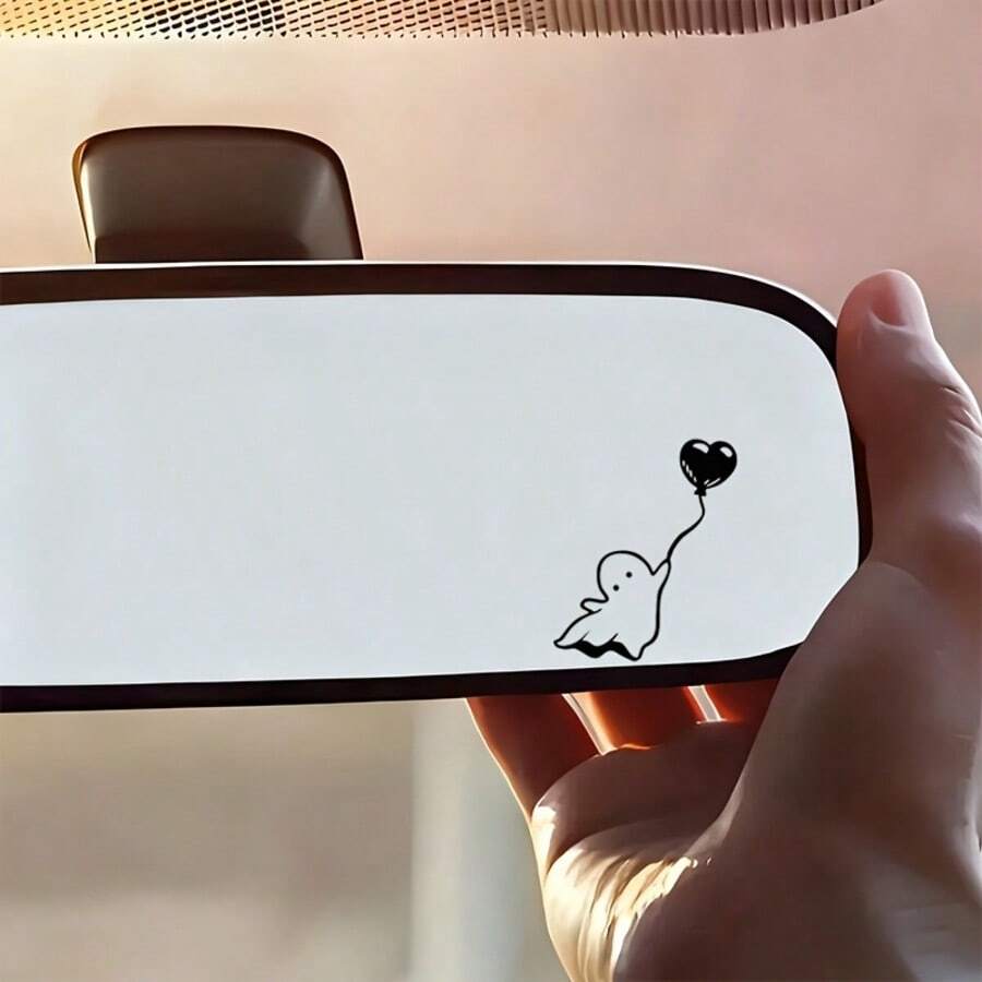 1pc Cute Heart-Shaped Balloon Vinyl Sticker - Waterproof Removable Adhesive, Black & White Minimalist Design With Smile And Balloon Pattern, Round Sticker Suitable For Car Rearview Mirror, Laptop, Water Bottle, Book, Phone, Truck - Easy To Apply And Residue-Free Removal, Cute Decoration For Halloween And Daily Use, Durable Vinyl Material, Fun Heart-Shaped Balloon Design - A - View 1