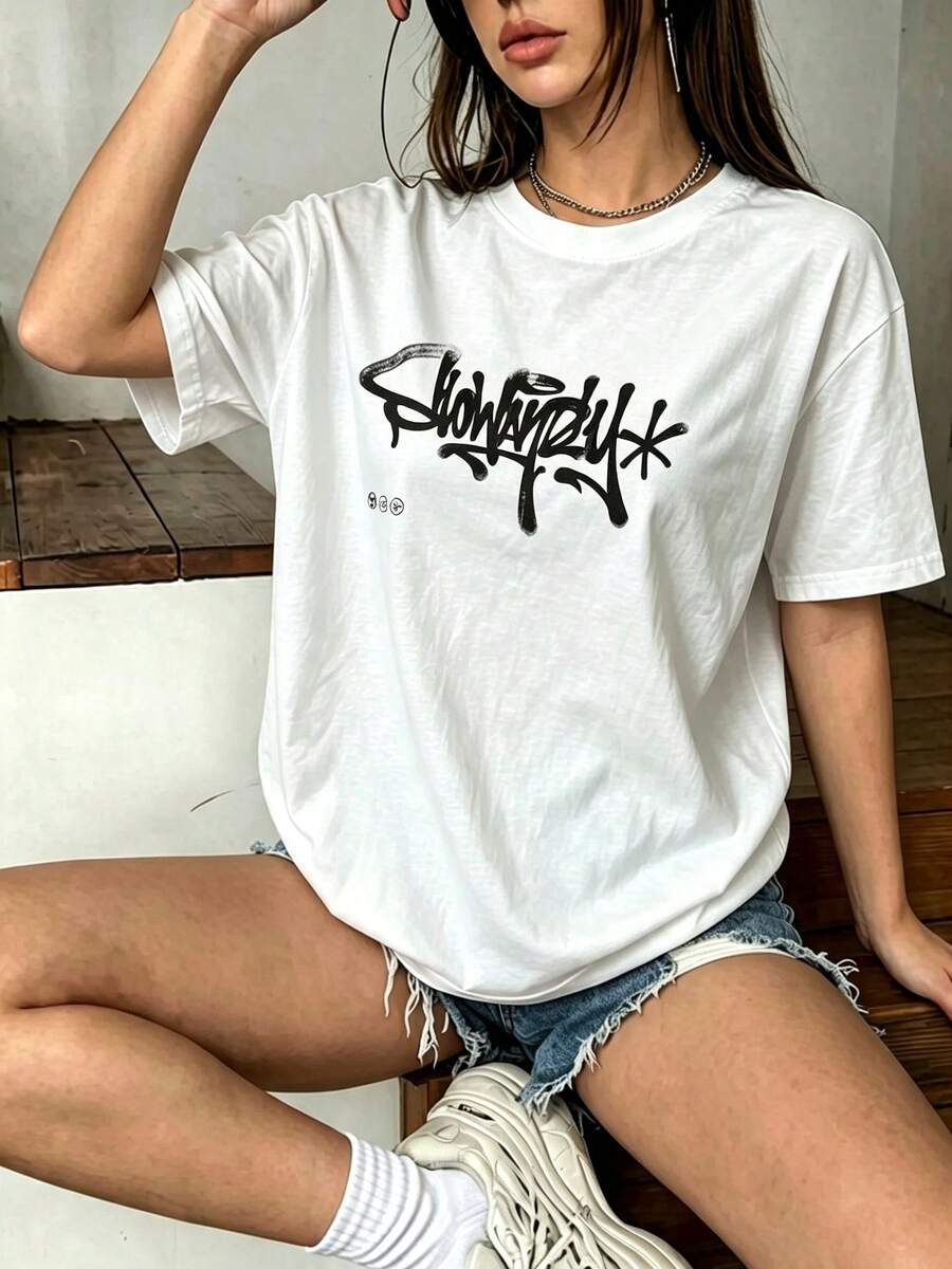 -2026 Cotton Crew Neck Shirt, Unique And Simple Letter Design, -Casual Men's Shirt, -Women's Oversized Cotton Crew Neck Shirt, Harajuku Hop - 白色 - 查看 1
