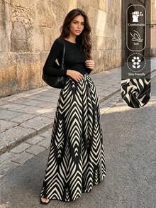 EARO Spring Artistic Abstract Print Skirt, Women's Black & White Diagonal Stripe High Waist A-Line Skirt, Unique Wave Pattern Design, Niche Design Women's Skirt, Artistic Style Outfit, Versatile Fashion Skirt - Apricot Black - View 1