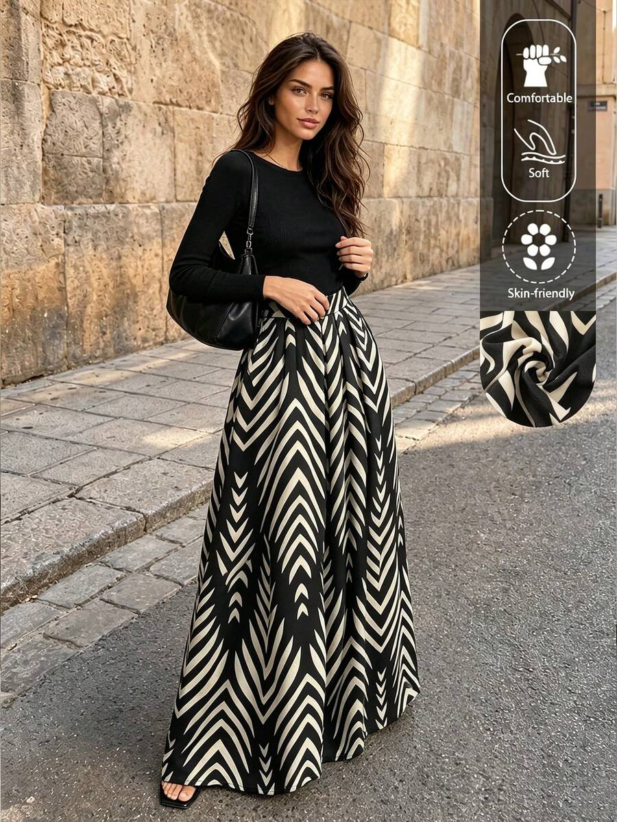 EARO Spring Artistic Abstract Print Skirt, Women's Black & White Diagonal Stripe High Waist A-Line Skirt, Unique Wave Pattern Design, Niche Design Women's Skirt, Artistic Style Outfit, Versatile Fashion Skirt - Apricot Black - View 1