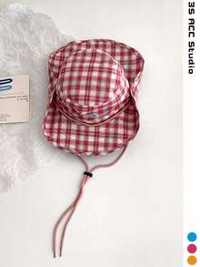 1pc Vintage Check Pattern Patchwork Contrast Color Lanyard Wide Brim Bucket Hat, Unisex Boho Vacay Spring Summer Sun Hat, Bright Monochromatic Look Tie-Up UV Protection Travel Hat - Plaid Lanyard - View 2
