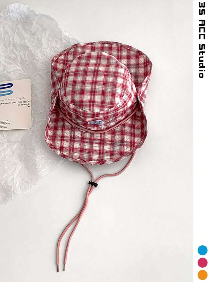 1pc Vintage Check Pattern Patchwork Contrast Color Lanyard Wide Brim Bucket Hat, Unisex Boho Vacay Spring Summer Sun Hat, Bright Monochromatic Look Tie-Up UV Protection Travel Hat