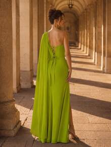 Elegant Lime Green Chiffon Evening Gown - Asymmetric One Shoulder ...