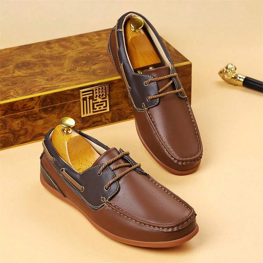 Unisex Metal Buckle Decor Loafers Slip-On Soft Faux Leather Driving Moccasins Non-Slip Rubber Sole Casual Flat Shoes Plus Size 37-48 - Brown - View 1
