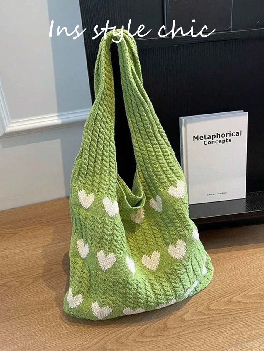 Heart Jacquard Knit Woven Accessory Large Capacity Open Top Closure Storage Bag, Suitable For Daily Commute, School, Shopping, Travel, Leisure, Multi-Use Handheld And Shoulder Bag - Green - View 1