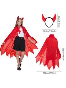 Children's Halloween Devil Cape Set, Red Little Devil Cloak + Horn Headband, Cos Stage Costume - Multicolor - View 6