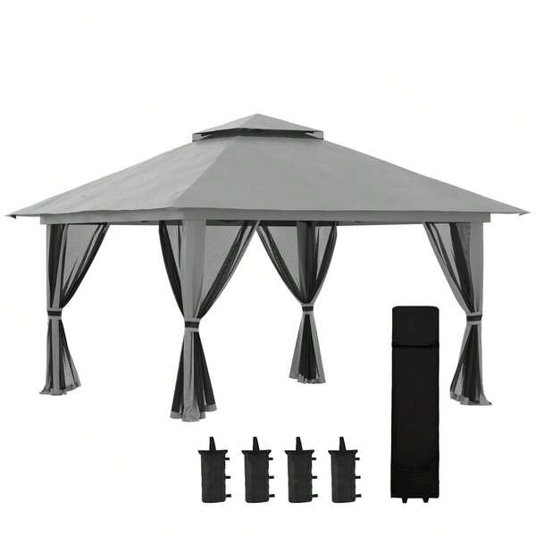 Faltpavillon 4x4m Gartenpavillon Höhenverstellbar Mit-Schutz & Netzvorhängen, Doppeldach In Beige Für Gartenpartys