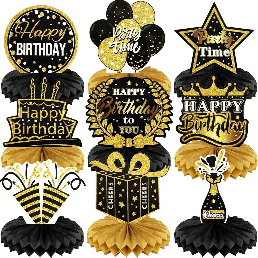 9Pcs Black Gold Happy Birthday Honeycomb Table Centerpieces Glitter Cake Crown Gift Box Champagne Balloon Star Cutouts Mult‑Age Birthday Party Table Decor Supplies - X260817E - View 1