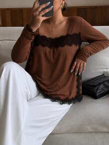 Plus Size Women's Brown Long-Sleeve Top With Black Lace Trim, A Cropped Square-Neck Shirt For Fall, Made Of High-Stretch Fabric For Comfort - Camel - View 3