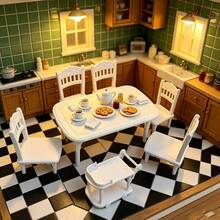 6pcs 1:12 Dollhouse Mini Model Scene Miniature Accessories Props Plastic Dining Cart Table Chairs Mini Micro Decor Home Decoration Fake Dining Table Dining Chairs Push Cart Set (White, Faux Wood Color) - 1 Table + 4 Chairs + 1 Trolley (6pcs) - View 8
