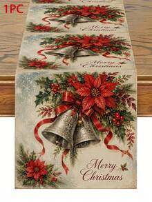 Christmas Table Runner, Throw Pillow, Placemat, Vintage Christmas Bell Red Ribbon, Red Holly Berry Print, Kitchen Dining Room Holiday Tabletop Decor - Multicolor - View 16