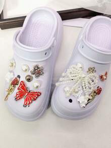 16PCS Bling Rhinestone Red Butterfly Rose Clog Shoe Charms Accessories Faux Pearl Bow Flower Shoe Buckles DIY Decorations Retro Beads Shoe Clips Decor - Multicolor - View 4