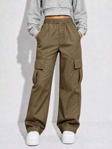1 pieza Pantalones cargo de ajuste holgado de unicolor y de moda para niñas preadolescentes, cómodos para primavera y otoño con múltiples bolsillos - Camel - Ver 3