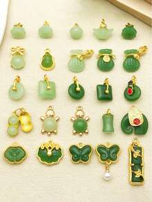 25pcs Chinese Vintage Gold Oil Drop Pendant Small Faux Jade Green Lucky Bag Shape Pendant Handmade Necklace Small Pendant Jewelry - Multicolor - View 6