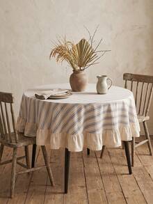 1pc Beige Base Blue Fine Striped Round Tablecloth, Natural Rustic Style Fabric, Round Beige With Scalloped Edge And Patchwork Detail, Decorative And Functional, Suitable For Daily Home And Rustic Dining Table Decor - Blue - View 1