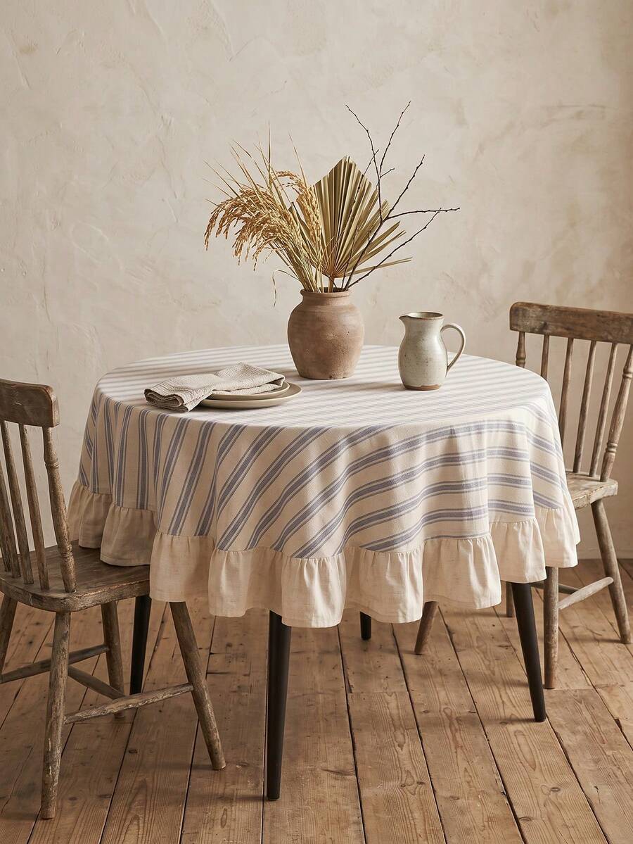 1pc Beige Base Blue Fine Striped Round Tablecloth, Natural Rustic Style Fabric, Round Beige With Scalloped Edge And Patchwork Detail, Decorative And Functional, Suitable For Daily Home And Rustic Dining Table Decor - Blue - View 1