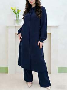 Autumn Luxury Deep Blue Ruffle Collar Long Sleeve Abaya Pants Set, Elegant Daily Commute Dress - Navy Blue - View 1