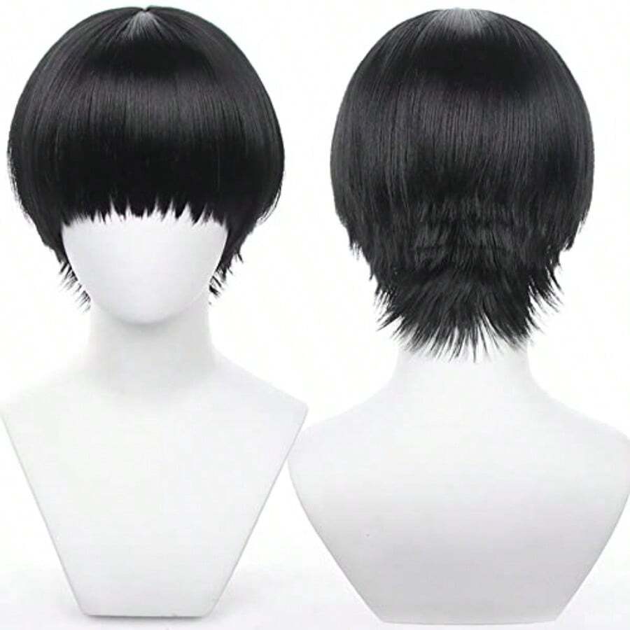 AAnime Black Short Straight Costume Wig Bowl-Cut Hairstyle Adult Hair For Men Halloween, Cosplay Con, Christmas Famliy Party - Black 2 - View 1