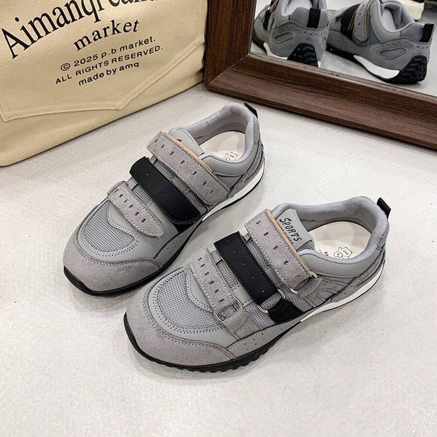 Women's Retro Color‑Block Hook And Loop Strap Sneakers, Casual Training Shoes For Daily Hangouts, Campus Looks And Weekend Strolls - Grey - View 1
