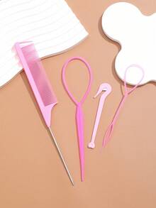 Set 4 Alat Penata Rambut Topsy Tail, Alat Kepang dan Penggulung dengan Sisir Ekor Tikus dan Aksesori Rambut Ekor Kuda - Baby Pink - View 5