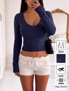 1pc Women's Royal Blue Solid Color Ribbed Deep V-Neck Slim Fit Knit Sweater, Minimalist Long Sleeve Pullover Knit Top Fall - Royal Blue - View 4