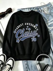 Plus Size Women's Hooded Sweatshirt, Blue Class Pattern Letter Print, Crew Neck Pullover, Suitable For Autumn/Winter Wear Casual - Black - View 1