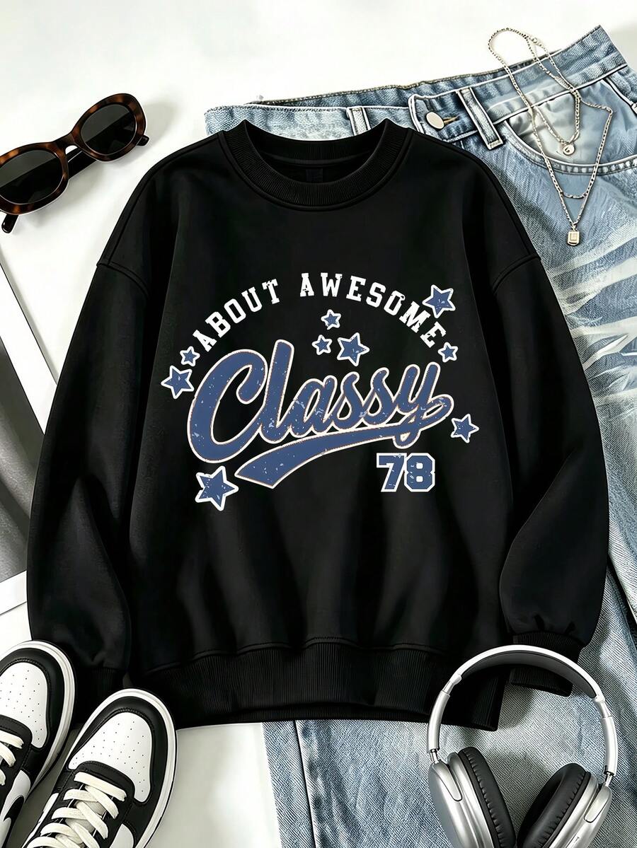 Plus Size Women's Hooded Sweatshirt, Blue Class Pattern Letter Print, Crew Neck Pullover, Suitable For Autumn/Winter Wear Casual - Black - View 1