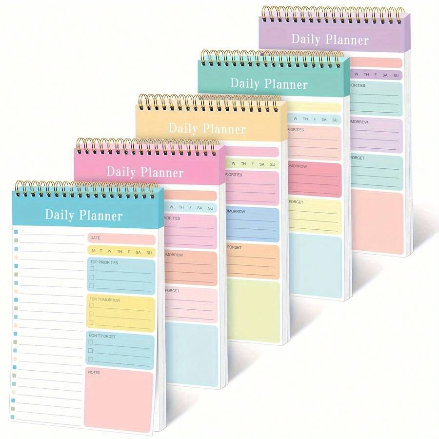 Set Of 5 Daily Planner Spiral Notebooks - A5 Format With Transparent Cover, Double Coil Binding, 30 Sheets For To Do Lists, Key Priorities, Scheduling, And Notes For Work, Exercise, And Study Planning - 1 Set - View 1