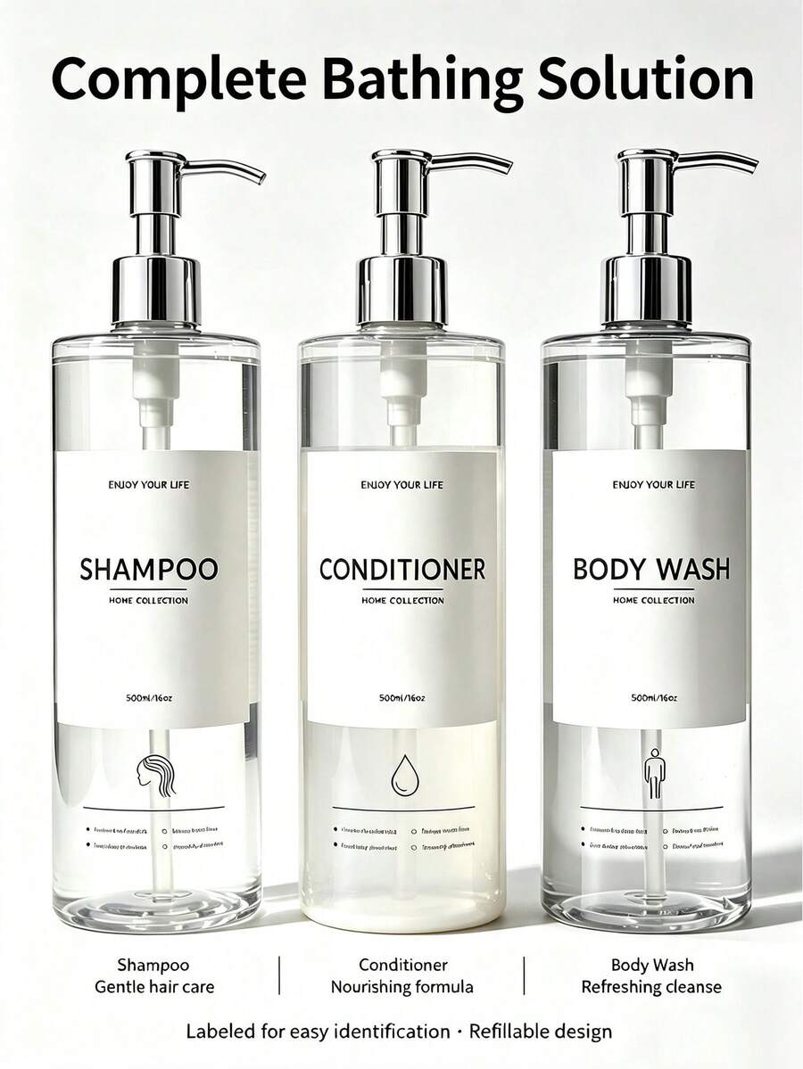 3pcs/Set 500ml Bathroom Spray Bottles, Empty Bottles, Can Fill Shampoo, Body Wash, Conditioner, Home Bathroom Decor, Autumn Decor, Back To School Decor - Transparent - View 1