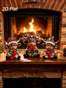 3 Pcs Christmas Highland Cow Figurines, Joy Xmas Cow Decor Wood | Scottish Calf Statues With Santa Hats, Candy Canes, Festive Home Kitchen Office Tiered Tray Table Decorations - View 2