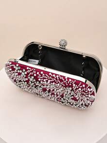 1pc Vintage Burgundy Handmade Beaded Evening Clutch Bag, Fully Decorated With Rhinestones And Pearls Embroidery, Spherical Rhinestone Kiss Lock, Luxurious And Eye-Catching, Wedding Banquet Party, Women's Formal Hard Shell Clutch Bag - Burgundy - View 4