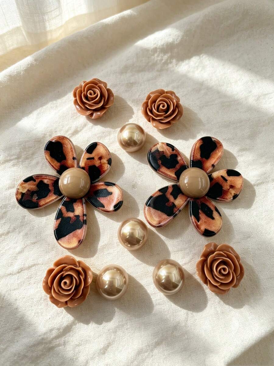 10pcs Cartoon INS Style Leopard Print Flower Shoe Charms, DIY Detachable Accessories, Multi-Functional Shoe Accessories, Suitable For Sandals, Slippers And Beach Bags - Multicolor - View 1