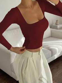 Basic Minimalist Crew Neck Double Layer Seamless Slim Fit Long Sleeve Top Casual Spring Red - Red - View 3
