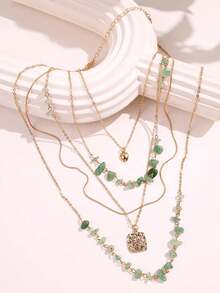 1pc Light Green Asymmetrical Multi-Layer Long Necklace With Gold Square Pendant, Cool Atmosphere Women's Accessory, Suitable For Vacation, Commuting, Daily Minimalist Outfit - Multicolor - View 5