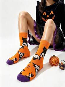 1 Pair Halloween Black Cat Skeleton Jacquard Mid-Calf Socks, Unisex, Colorblock Retro Quirky Cartoon Cat & Skeleton Pattern, Personalized Comfortable Sweat-Absorbent Socks For Party And Daily Wear, Autumn/Winter - Multicolor - View 3