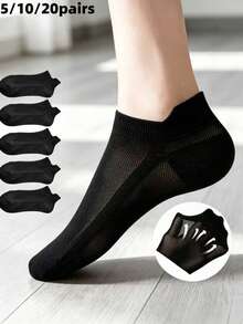 5/10/20 Pairs Breathable Mesh Invisible Short Socks, Unisex Solid Color Ultra-Thin Low-Cut Summer Socks, Anti-Slip Heel Grip Comfortable - Black - View 1
