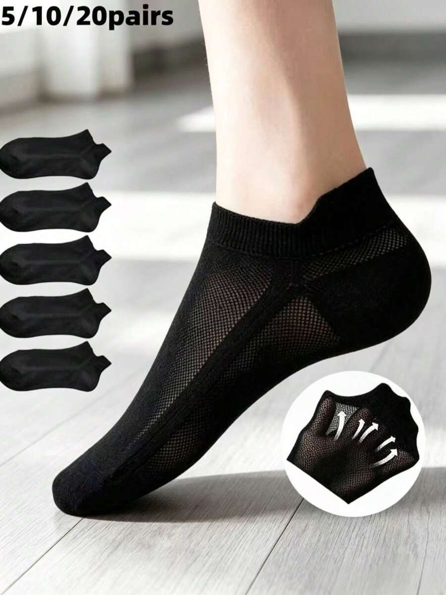 5/10/20 Pairs Breathable Mesh Invisible Short Socks, Unisex Solid Color Ultra-Thin Low-Cut Summer Socks, Anti-Slip Heel Grip Comfortable - Black - View 1