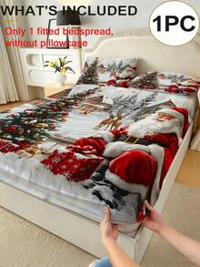 1PC Christmas Theme Fitted Sheet (Only Fitted Sheet, No Pillowcase), Santa Claus, Christmas Tree, Reindeer Print Fitted Sheet, Soft And Comfortable 100% Polyester Fabric, Suitable For Bedroom, Guest Room, School Dormitory Fitted Sheet, Easy To Remove And Machine Washable, All Season Mattress Protector - Multicolor - View 2