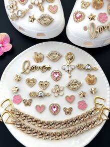 25pcs Gantungan Sepatu Balet Wanita Warna Rose Gold, Rantai Hati, Bibir, Apel, dan Apel, Aksesoris Gesper Sepatu Paduan Logam DIY - Emas - View 3