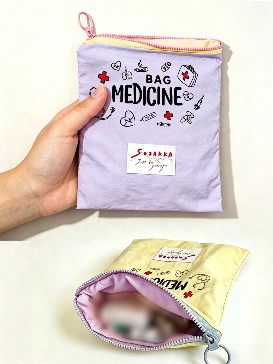 「Medicine」圖案印花便攜藥袋 藥丸收納盒 急救包 化妝包 零錢包,適合日常使用/戶外/旅行,便於攜行的收納、化妝品、手機及其他小物品收納,旅行必備,聖誕禮物,個性化禮物袋,教師節禮物,小禮物交換,房間裝飾 - 彩色 - 查看 1