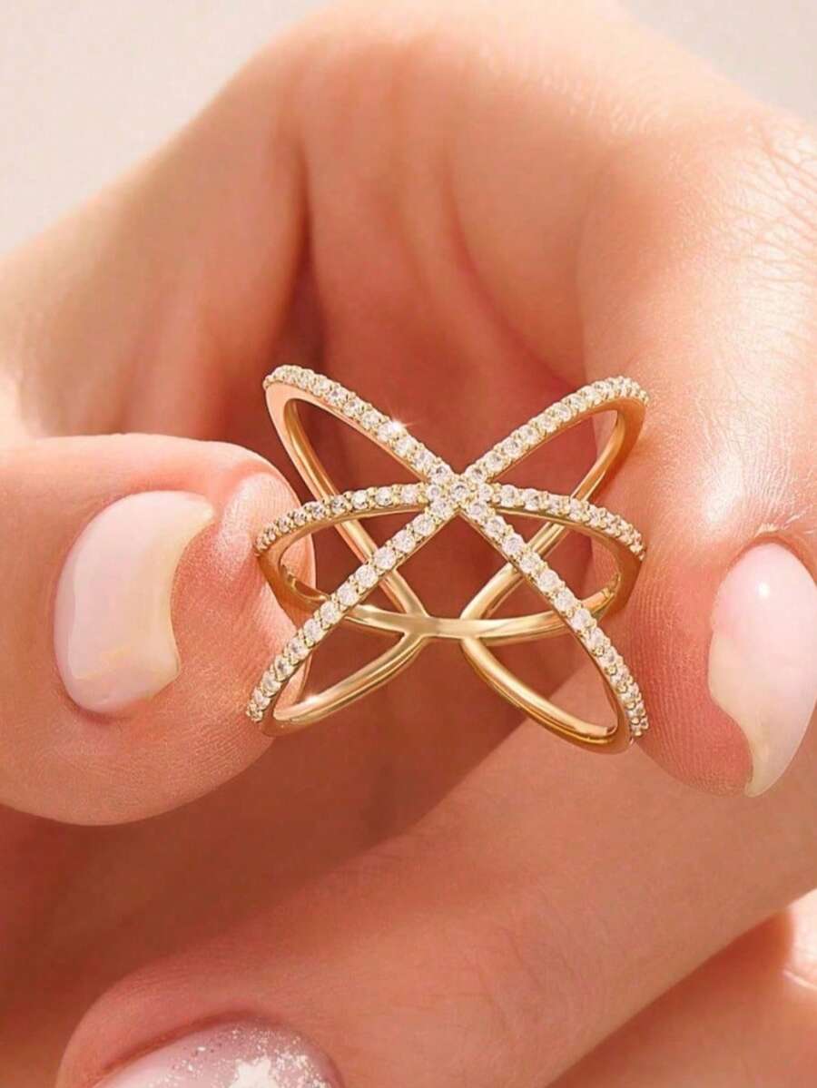 1pc Women's X-Shaped Cross Zirconia Fashion Ring, Gold Micro-Inlaid Transparent Zirconia Open Cross Ring Jewelry, No Packaging Box - Yellow - View 1