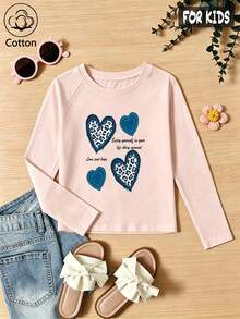 Girls' Cotton Raglan Long-Sleeve T-Shirt, Long Sleeves For Autumn & Winter, Leopard Heart Print With Lettering, Cute Sweet Girly Preppy Style - Pink - View 3