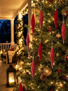 Christmas Icicle Hanging Ornament, Red Flocked Spindle-Shaped Christmas Ball, Christmas Decoration Pendant, Suitable For Christmas Party Decoration, Home Decor And Christmas Tree Decoration - Red Striped Teardrop Christmas Ornament - View 2