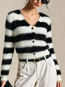 Elegant Striped V-Neck Fuzzy Knit Cardigan - Black and White - View 1