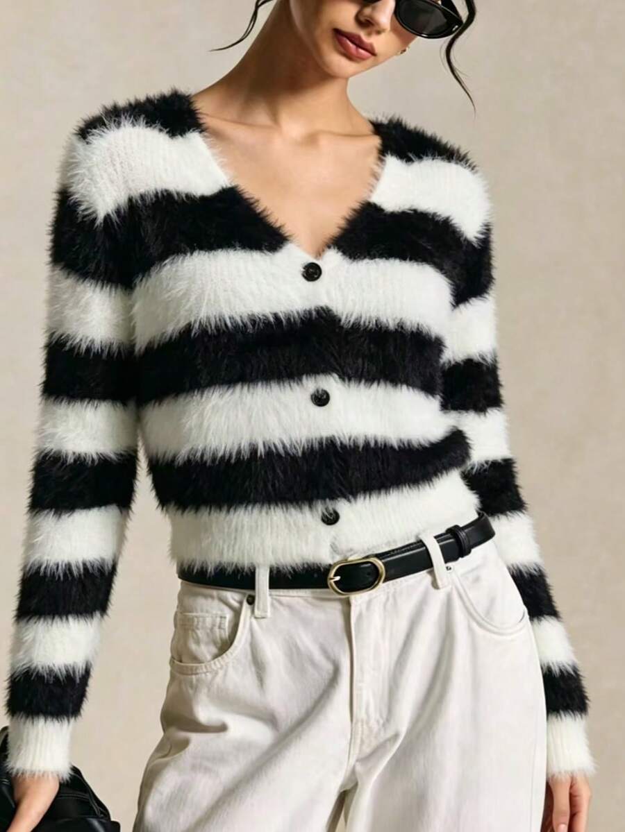 Elegant Striped V-Neck Fuzzy Knit Cardigan - Black and White - View 1