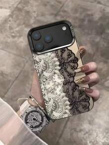 Black‑White Contrast Lace Floral Print Phone Case Compatible With Iphone, Semi‑Transparent Mirror‑Like Back Panel, Retro Spliced Black And White Lace Flower Pattern, Large View Black Camera Protective Frame, Letter Print On Side Edge,Great For Daily Dating Party Holiday Gifting, Compatible With IPhone11 12 13 14 15 16 17 Pro & Pro Max, IPhonePhone Case, IPhone17 Case, Aesthetic Smartphone Case - Black - View 5
