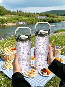 1pc/5pcs 30oz Cute Purple Duck Stainless Steel Insulated Tumbler With Handle And Straw, Cartoon Duck, Bow And Lavender Floral Print Design, Perfect Birthday And Holiday Gift, Leak-Proof Flip Lid, Suitable For Travel, Work, Fitness And Daily Outdoor Use - Purple-duckling - View 7