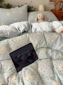 Light Blue Cute Rabbit Polka Dot Duvet Cover Set, Comfortable Bedding, Cute Bow Star Rabbit Pattern, Includes 1*Duvet Cover+1*Bed Sheet+2*Pillowcases, Zipper Design, Fresh Student Dorm Bedroom Boy Girl Home Decor, No Filling - Baby Blue - View 7